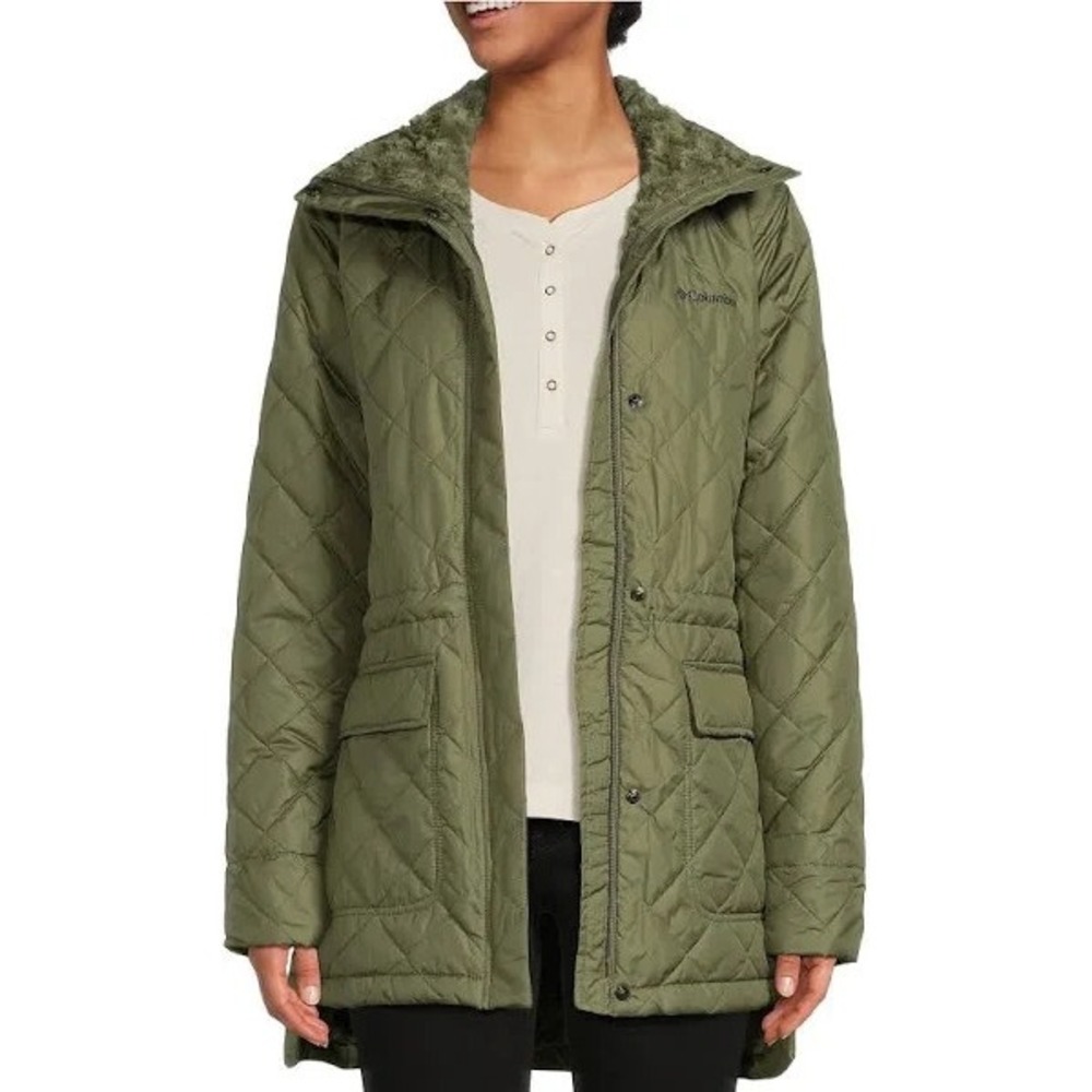 Columbia Women Copper Crest Novelty Jacket Long Quilted Puffer Green Size Medium
